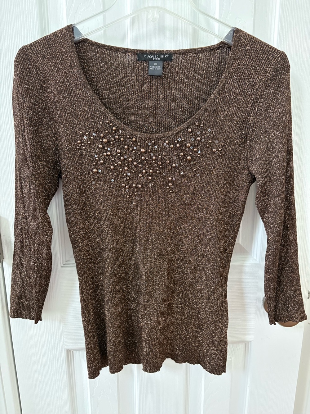 August Silk Blend Brown Beaded Scoop Neck Knit Top